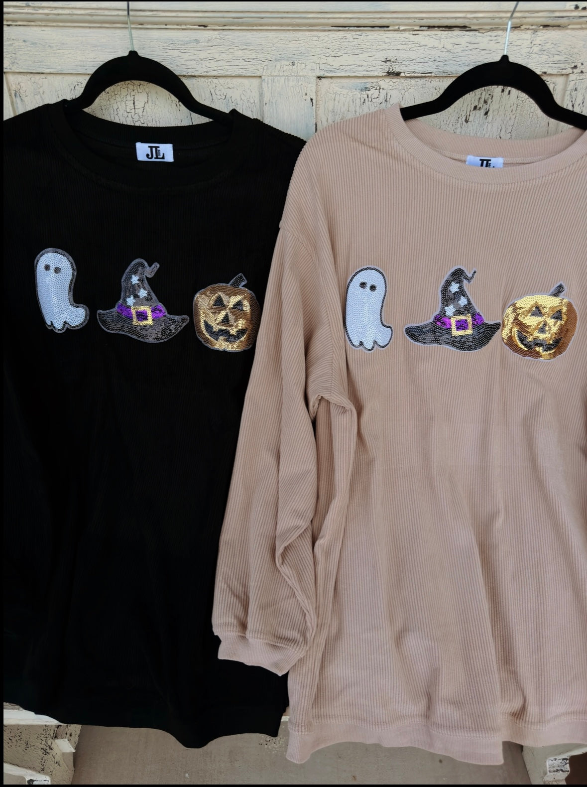 Beige Sequin Halloween Corded Crew